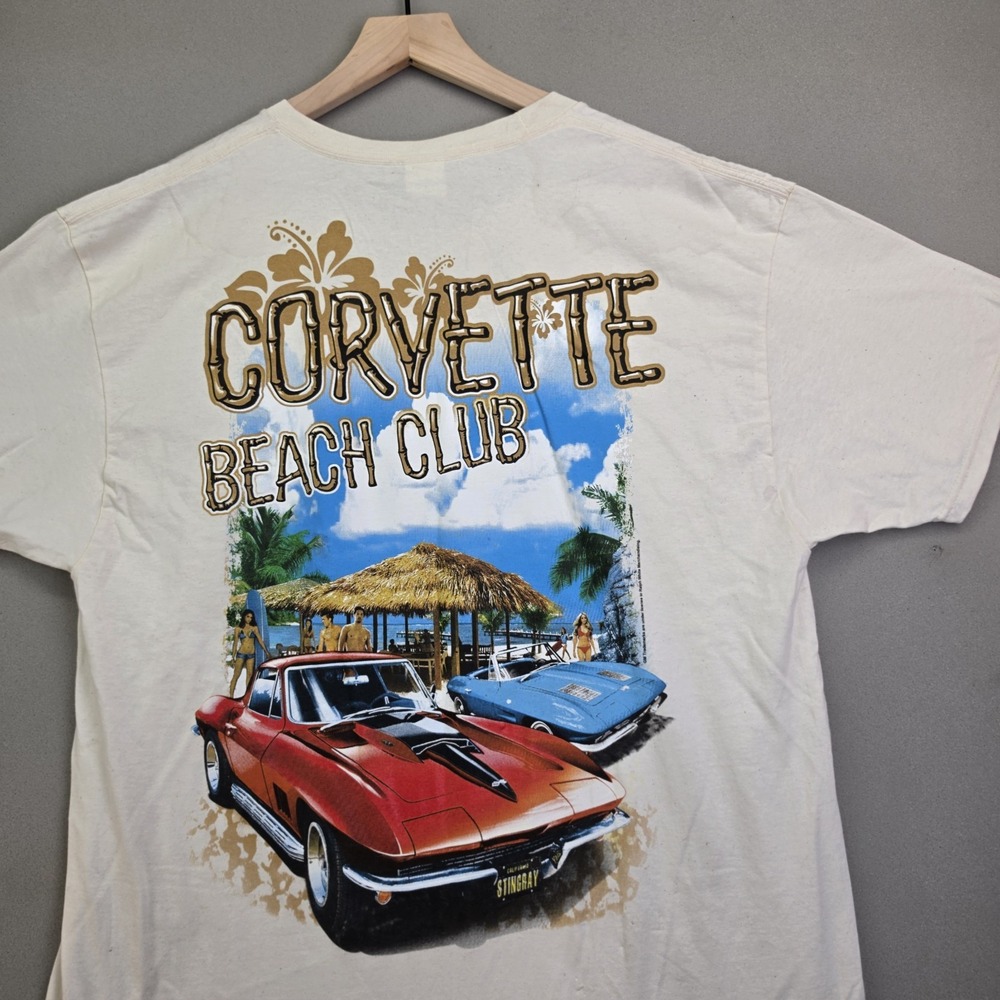 Corvette Beach Club T Shirt Mens Large Cream C2 Stingray Car Graphic Tiki Surfer